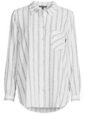 ADRIANNA PAPELL Stripe Linen Blend Button Down Shirt, Size M